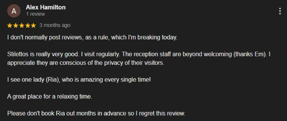 Alex review, Stiletto Sydney
